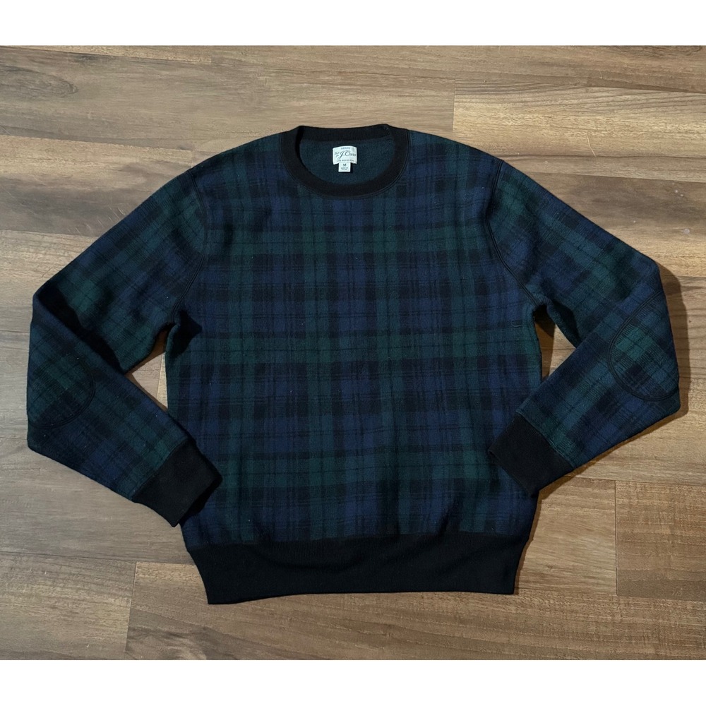 J. Crew Mens Sz M Merino Wool Black Watch Plaid Sweater Elbow Patches Blue Green